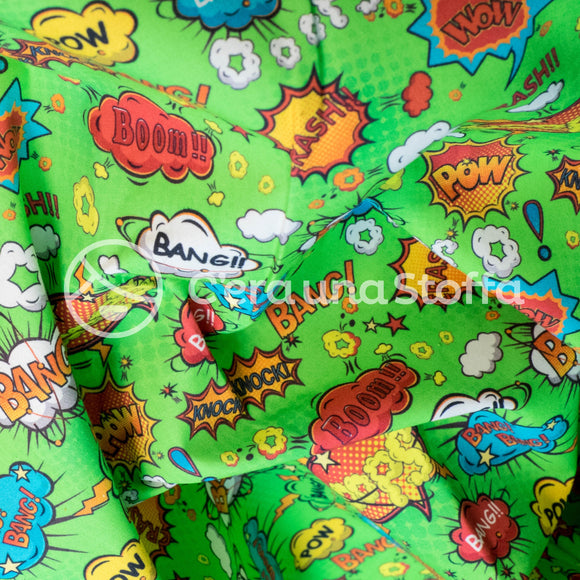 Tessuto Cotone Stampa Digitale Fumetti Verde