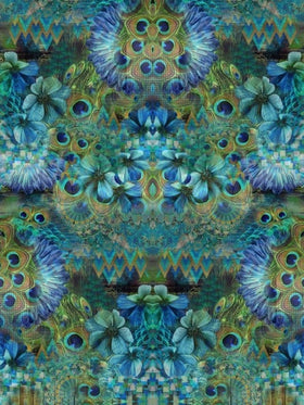 Jersey Pannello Allover Piume Pavoni Blu