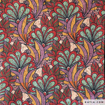 Tessuto Sughero Cork Print Retro Flowers Katia Fabrics