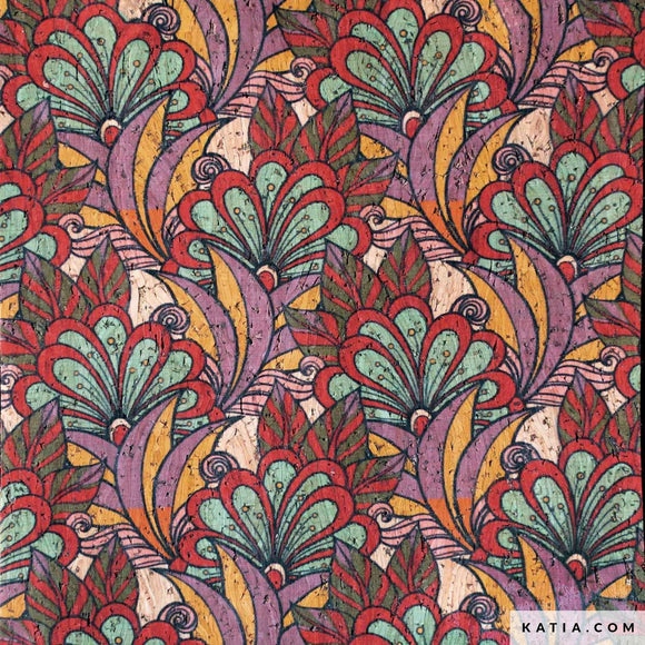 Tessuto Sughero Cork Print Retro Flowers Katia Fabrics