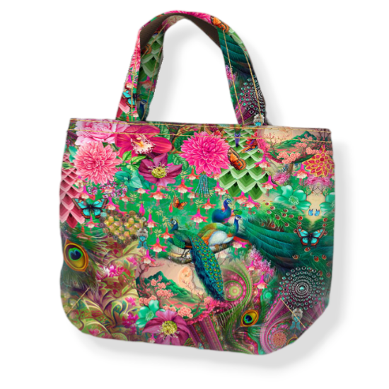 Tessuto Canvas Pannello Borsa Double Face Fiori e Pavoni