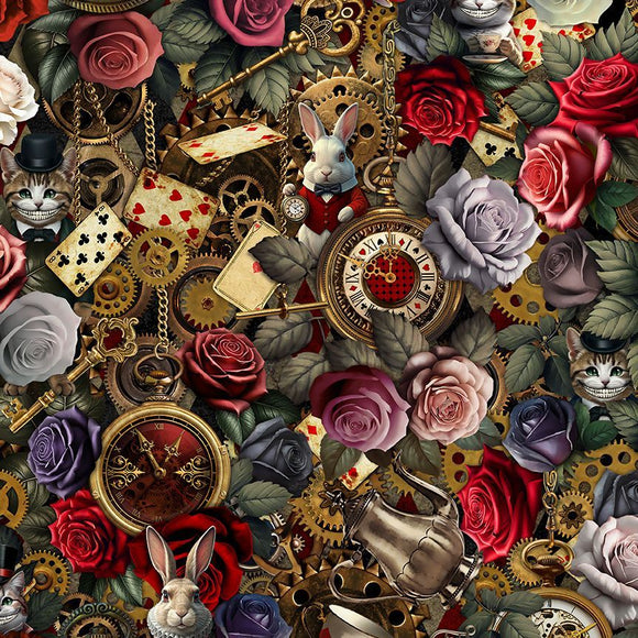 Tessuto Cotone Americano  Down The Rabbit Hole - Floral Wonderland