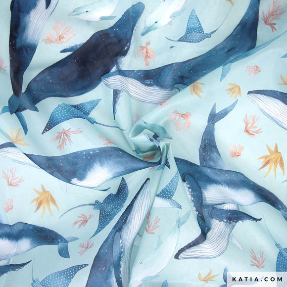 Tessuto Cover Fabric Print 50gr Whales & Sea  Katia Fabrics