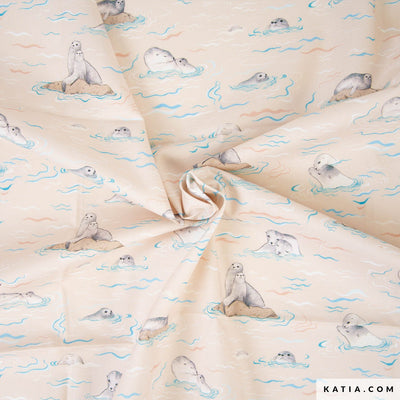 Tessuto Popeline Cotone Sea Lion Love - 0