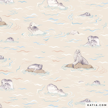 Tessuto Popeline Cotone Sea Lion Love