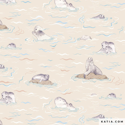 Tessuto Popeline Cotone Sea Lion Love