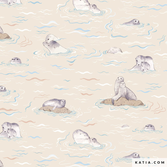 Tessuto Popeline Cotone Sea Lion Love