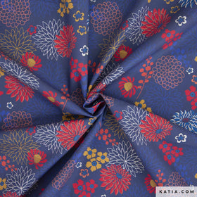 Tessuto Popeline Cotone Red & Blue Dahlias - 0