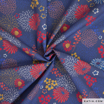 Tessuto Popeline Cotone Red & Blue Dahlias - 0
