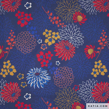 Tessuto Popeline Cotone Red & Blue Dahlias