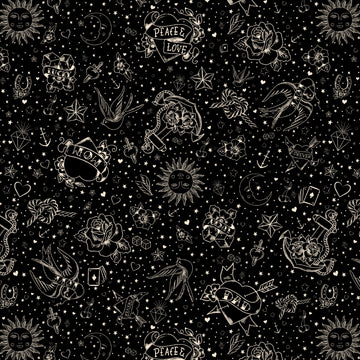 Tessuto Cotone Americano Tattoo Art Black
