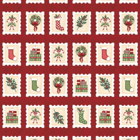 Tessuto Cotone Americano Christmas Village Red Stamps