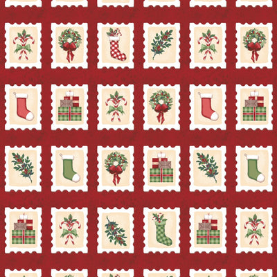 Tessuto Cotone Americano Christmas Village Red Stamps