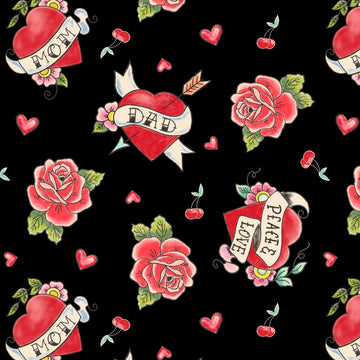Tessuto Cotone Americano Rose And Heart Tattoos