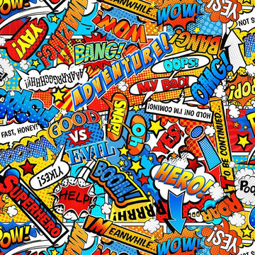 Tessuto Superhero Action Words Cotone Americano