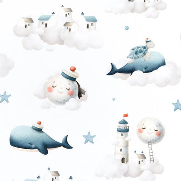Tessuto Cotone Balene e Nuvole - 0