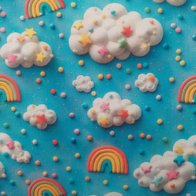 Tessuto Popeline Cotone 3D Nuvole E Zuccherini