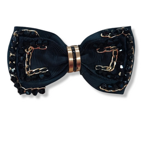 Spilla Fiocco Grosgrain con Catene e Cristalli Neri