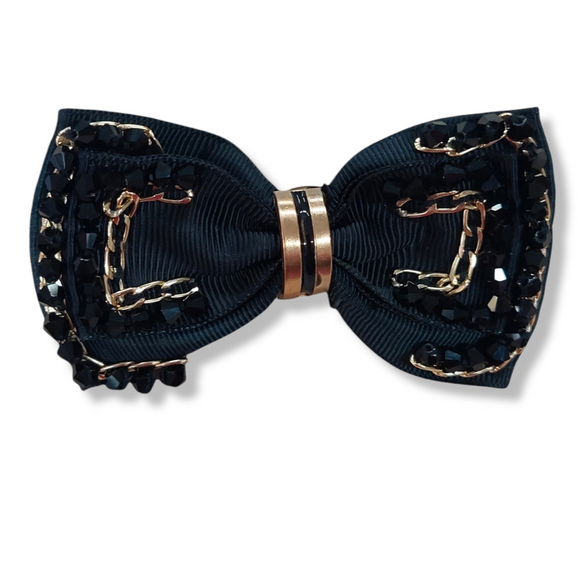 Spilla Fiocco Grosgrain con Catene e Cristalli Neri