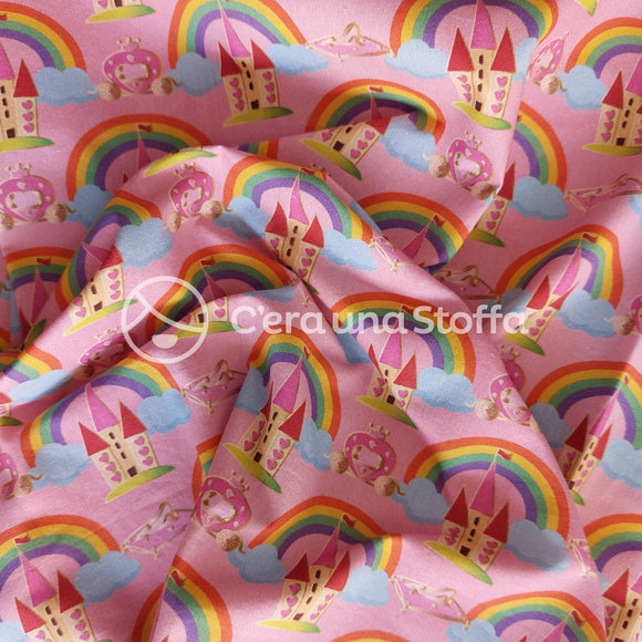 Cotone Stampa Digitale Castelli e Arcobaleni